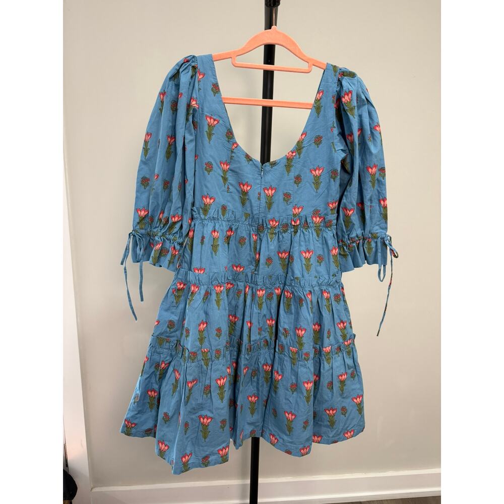 EDDY Julia Puff Sleeve Mini Dress XS French Blue Punch Floral Cotton - Picture 7 of 10